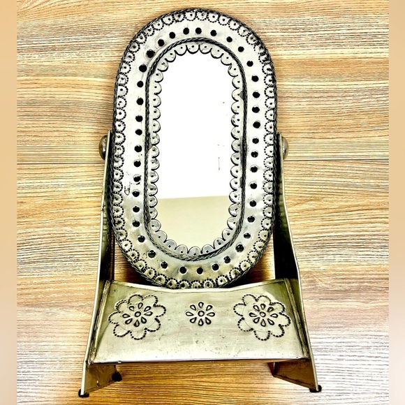 Vintage Mexican Punched Tin Vanity Mirror w/ Stand Old Folk Art Southwestern